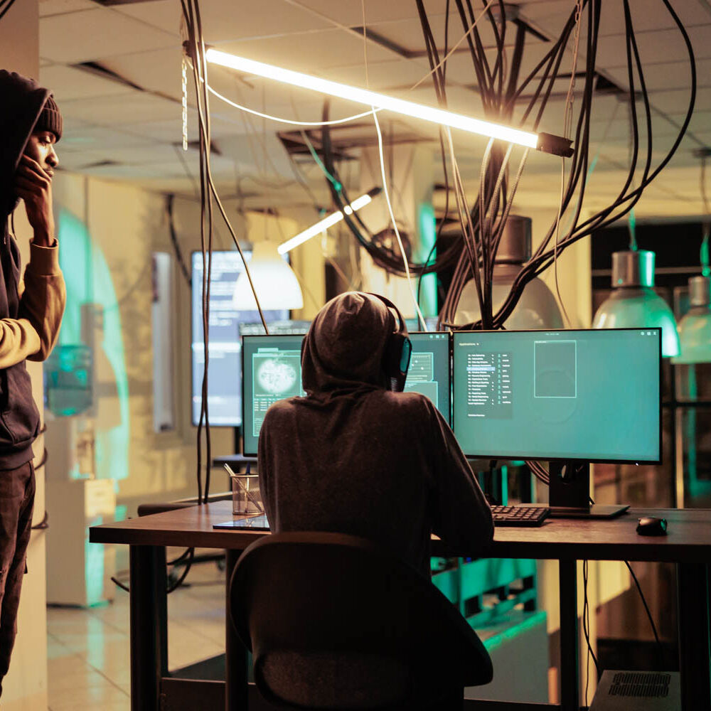 Cyberattack, criminals team coding computer virus program